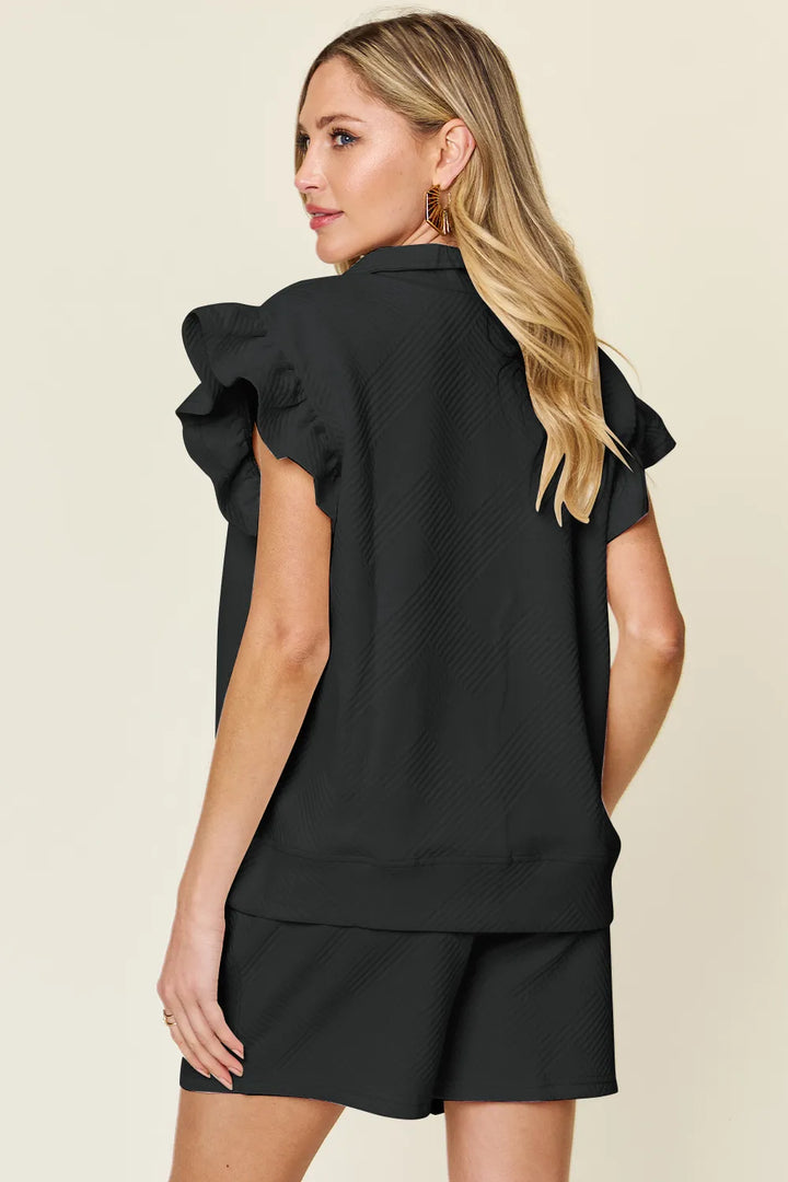 Tangerine Double Take Full Size Texture Flounce Sleeve Top And Drawstring Shorts Set