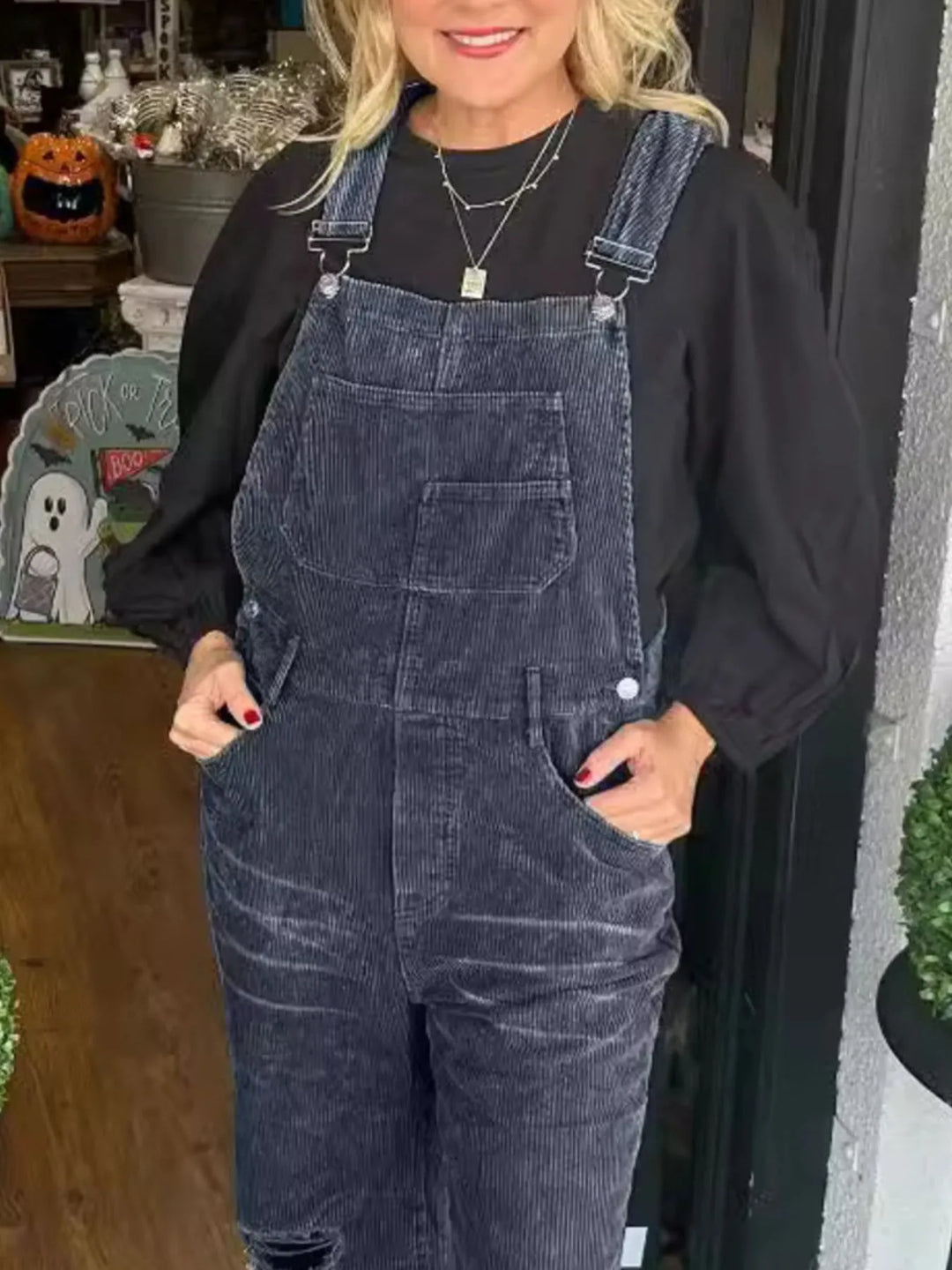 Brick Red Distressed Wide Leg Corduroy Overalls