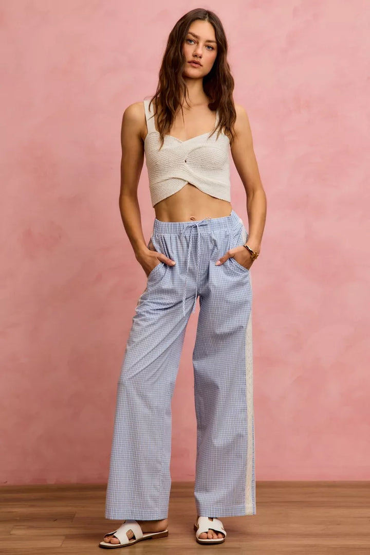 So Me Wide Check Pants With Side Lace Trim And Piping