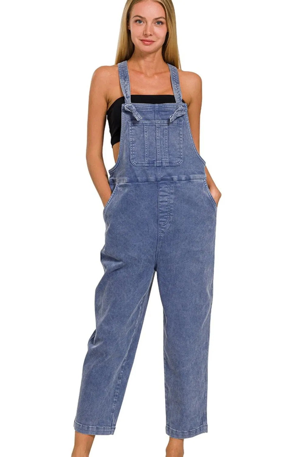 Blackberry Zenana Washed Knot Strap Relaxed Fit Overalls