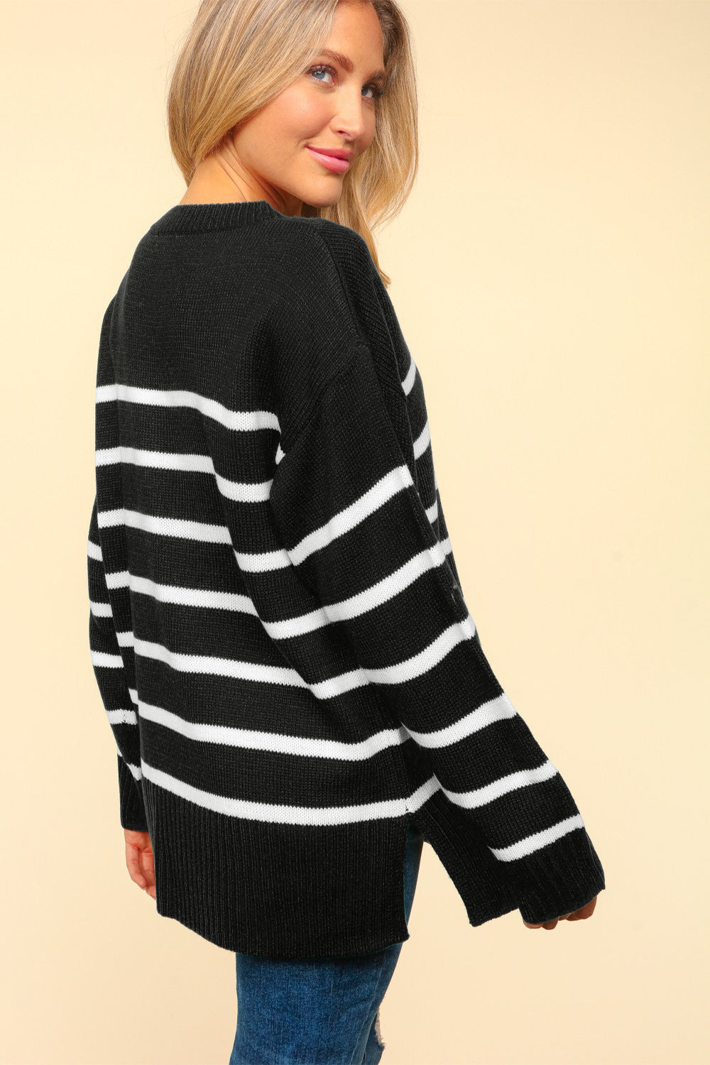 Black Haptics Full Size Striped Contrast Side Slit Sweater
