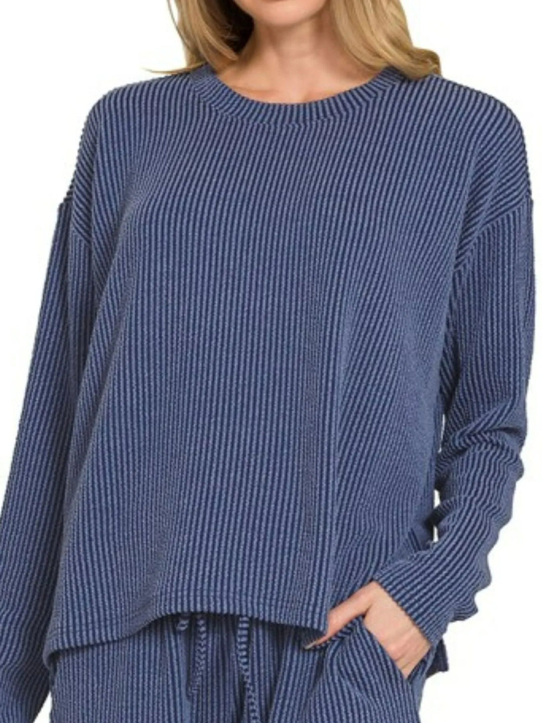 Navy Zenana Corded Rib Long Sleeve Tee And Shorts Set