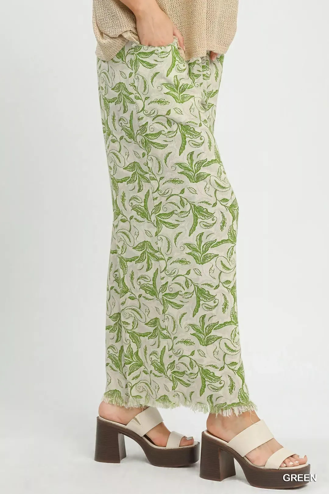 Green Umgee Linen Printed Wide Leg Raw Hem Pants 1