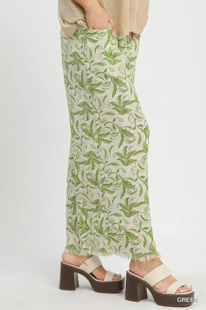 Green Umgee Linen Printed Wide Leg Raw Hem Pants 1