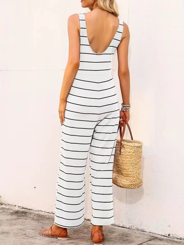 White Striped Round Neck Wide Leg Jumpsuit