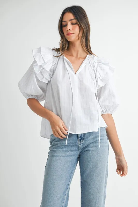 Off White Mable Stripe Ruffle Shoulder Puff Sleeve Blouse