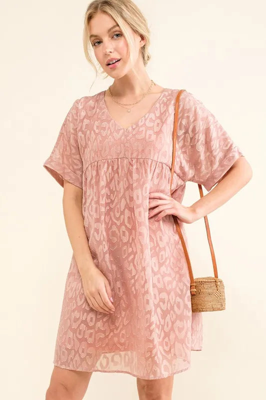 And The Why Woven Leopard Baby Doll Roll Sleeve Casual Dress