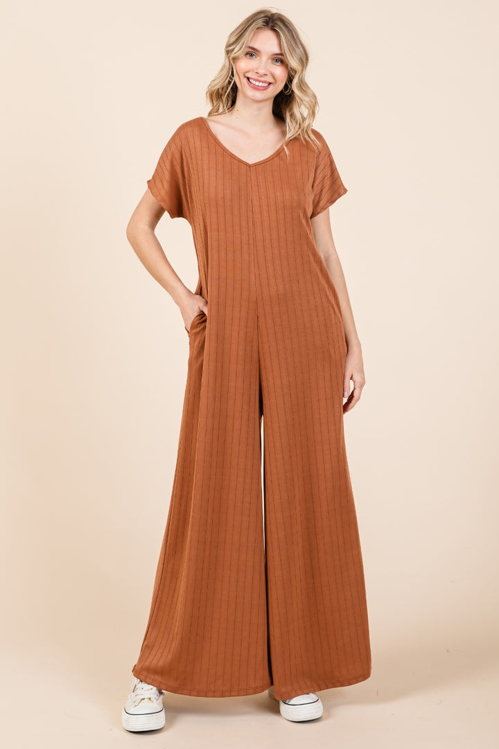 Camel Bombom Ribbed Short Sleeve Wide Leg Jumpsuit
