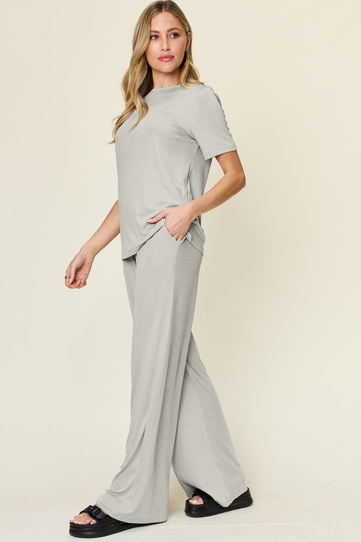 Light Gray Double Take Full Size Round Neck Short Sleeve T Shirt And Wide Leg Pants Set