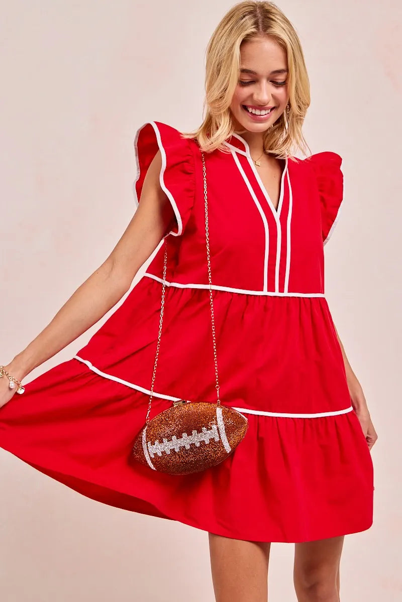 Red Bibi Gameday Theme Contrast Binding Ruffled Dress 1