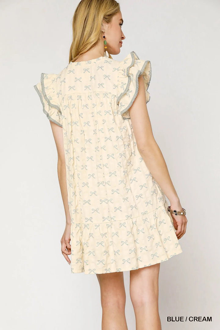 Blue / Cream Umgee Bow Print Ruffled Cap Sleeve Mini Dress