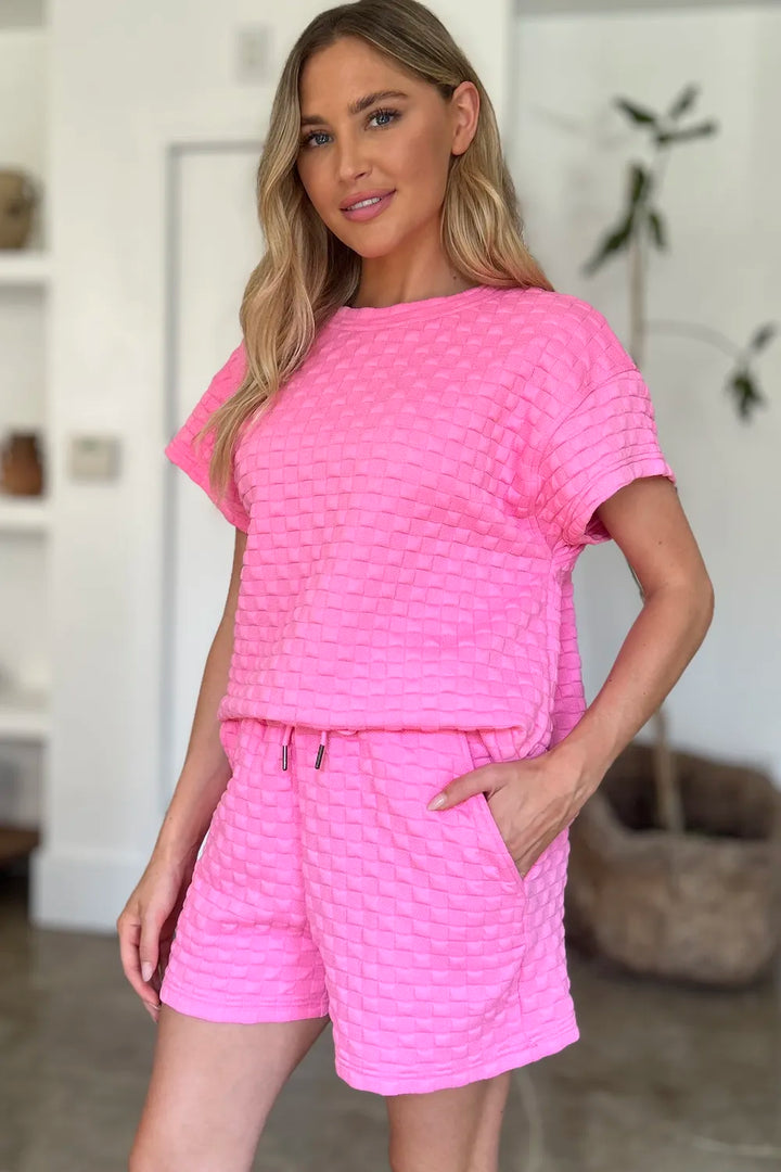 Pink Double Take Full Size Texture T Shirt And Shorts Set