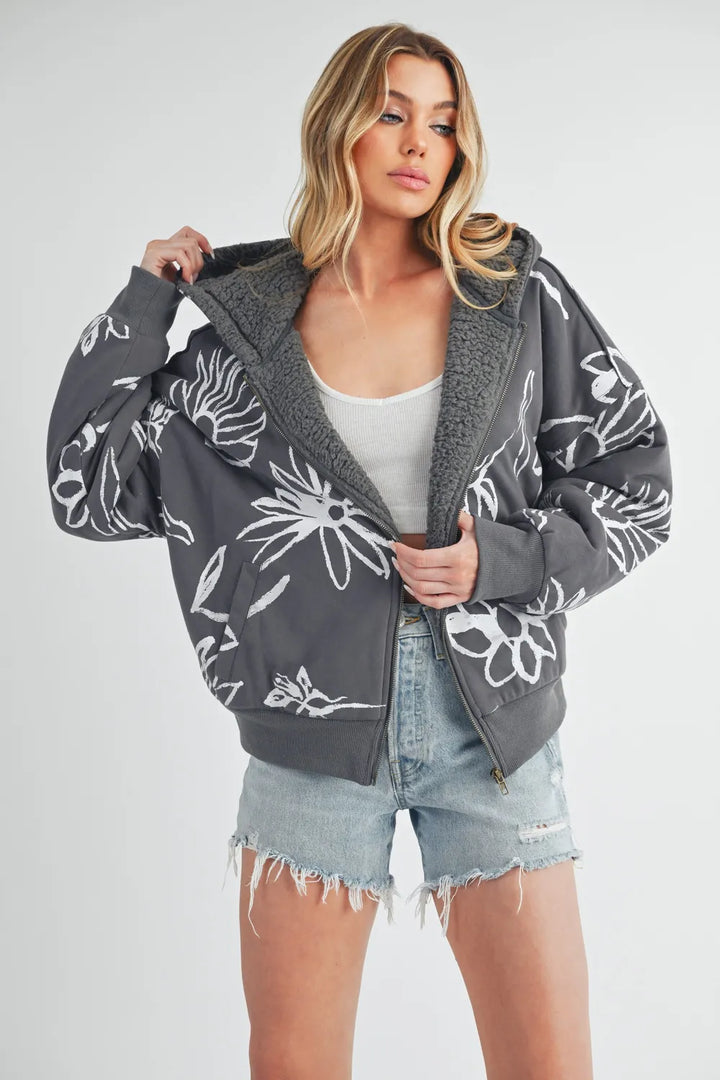 Gray Aemi Co Flower Print Zip Up Sherpa Hoodie
