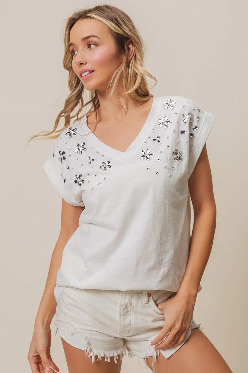 Bibi Slub Jersey Rhinestone V Neck Top