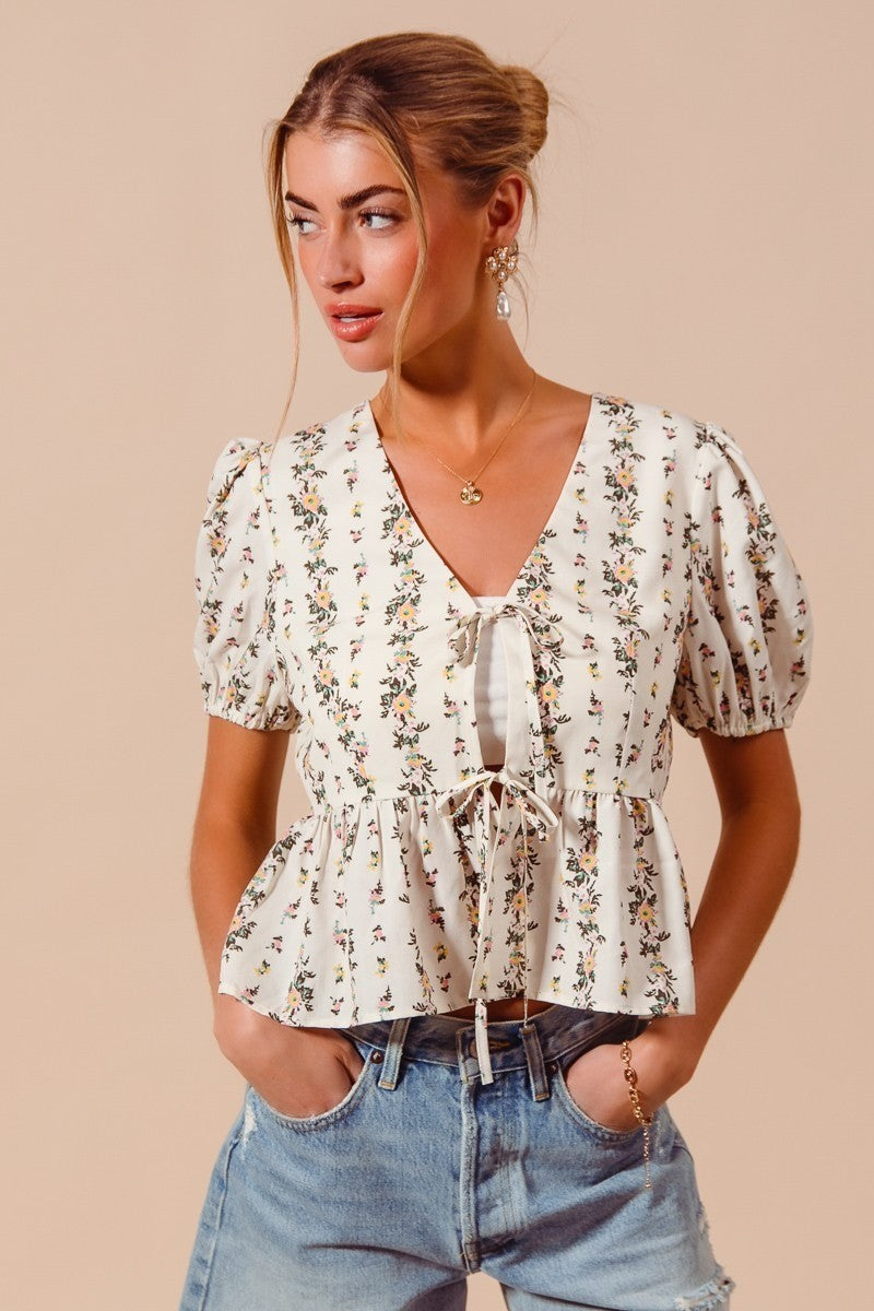 Ivory So Me Floral Print Tie Front Shirred Hem Blouse