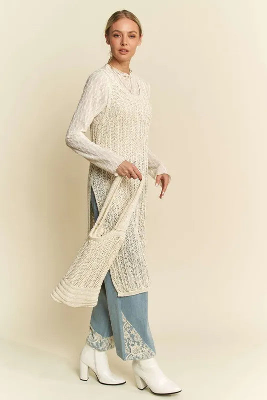 Beige Davi Dani Knit Side Slit Round Neck Sleeveless Dress Bag 1