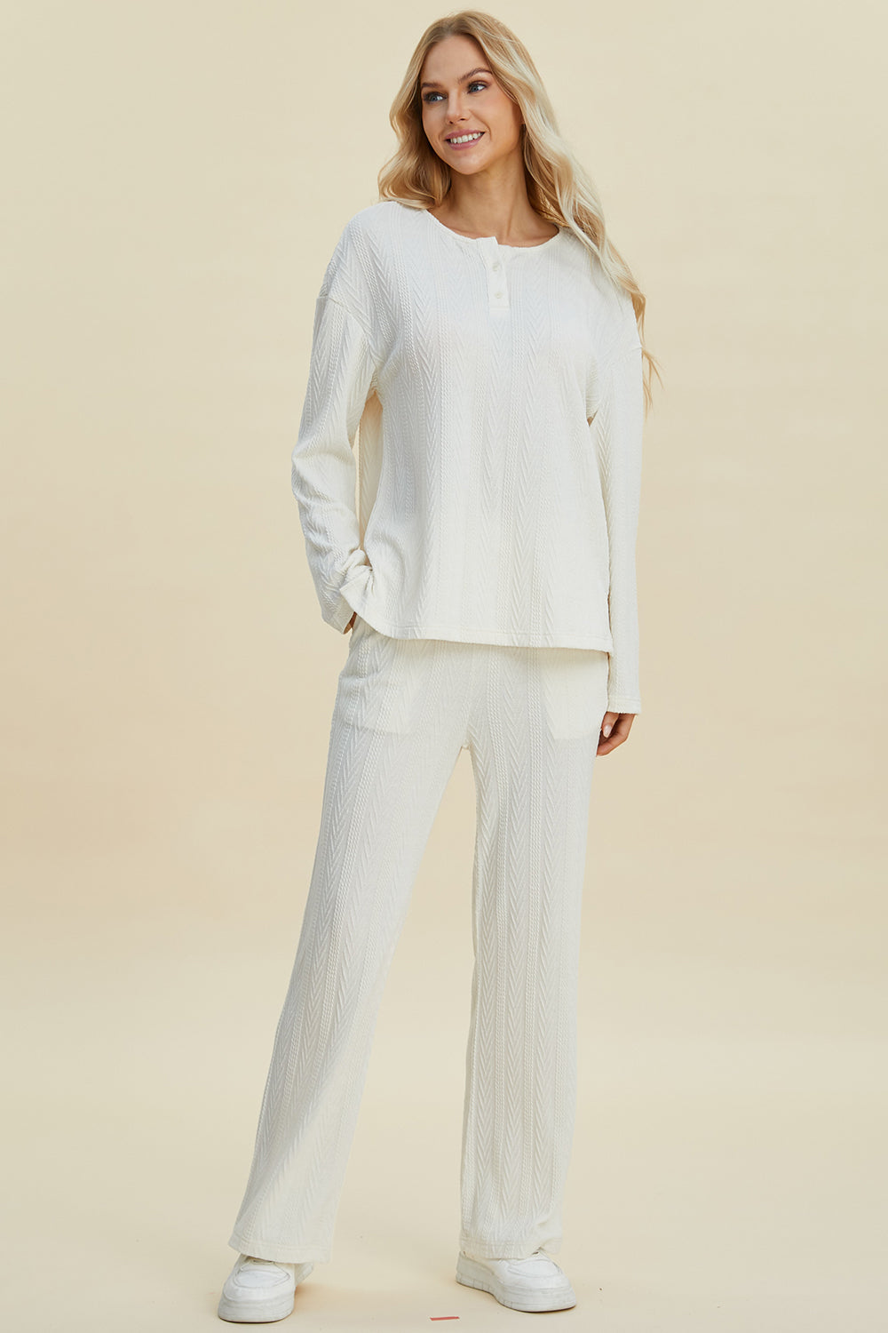 White Double Take Full Size Cable Knit Long Sleeve Top And Pants Set