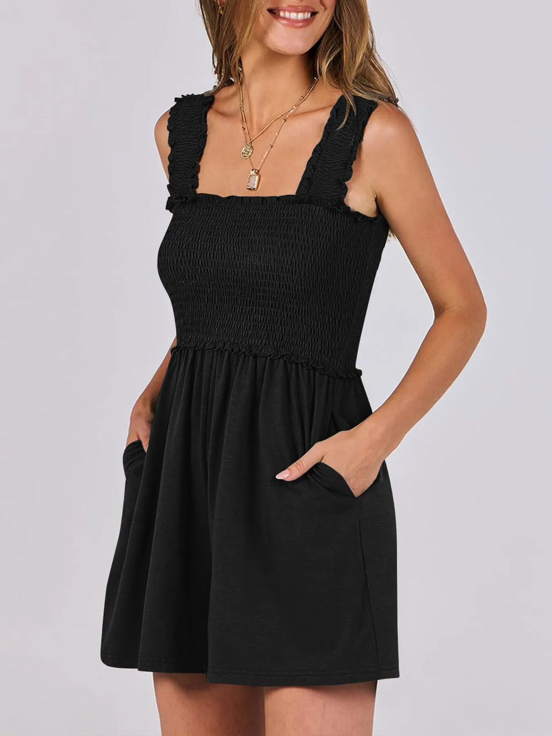 Black Smocked Square Neck Summer Romper