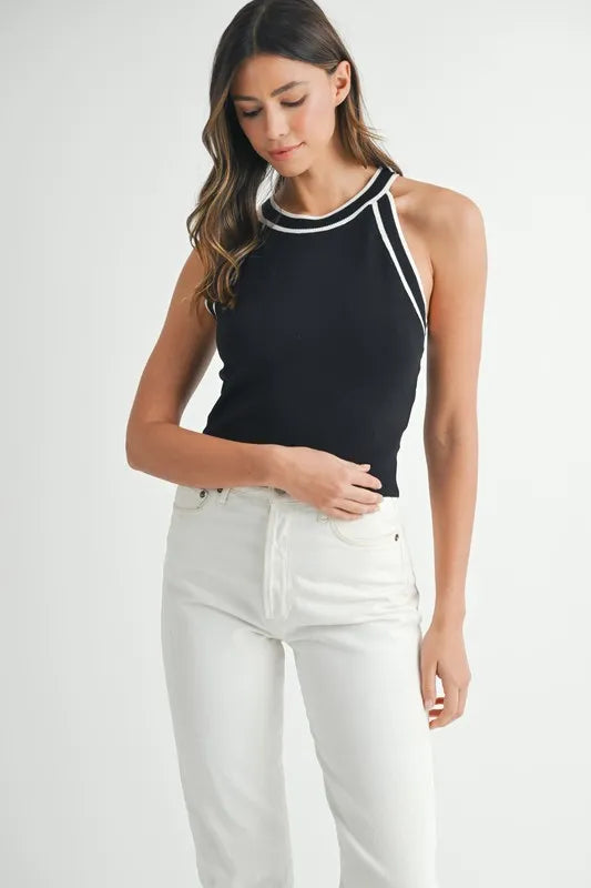 Black Mable Contrast Trim Grecian Neck Cropped Tank 1