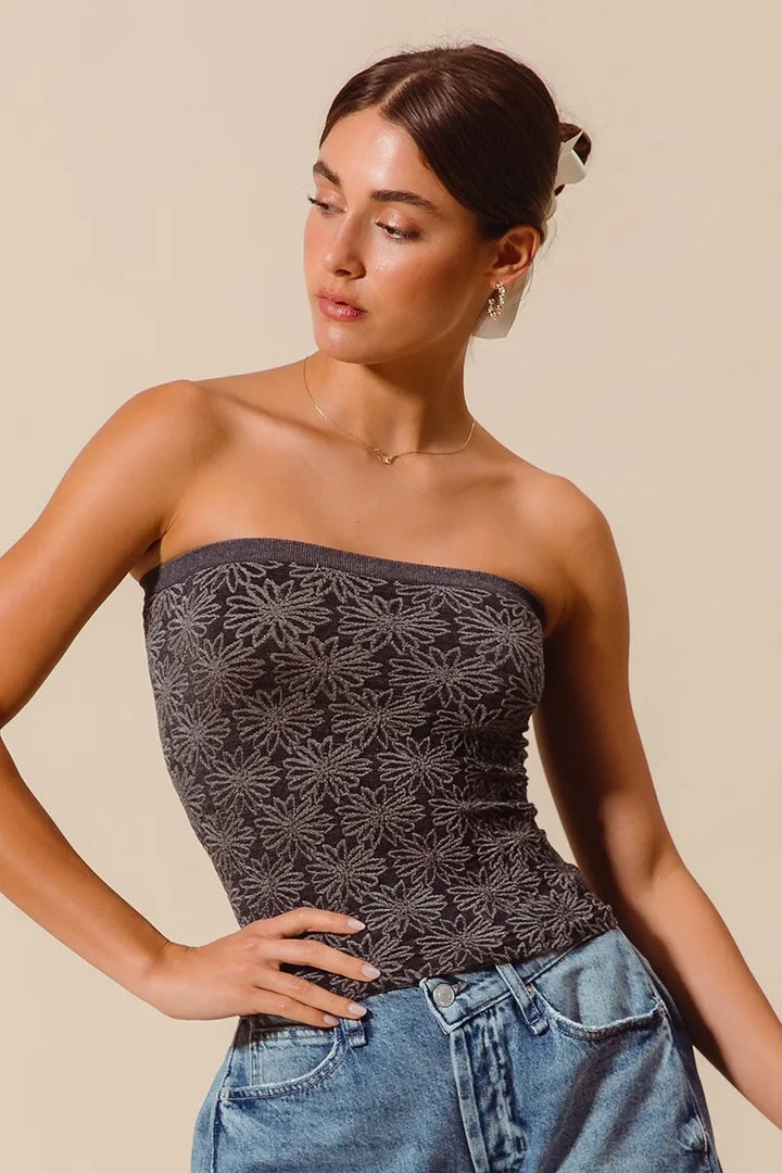 So Me Jacquard Floral Two Tone Seamless Tube Top 1