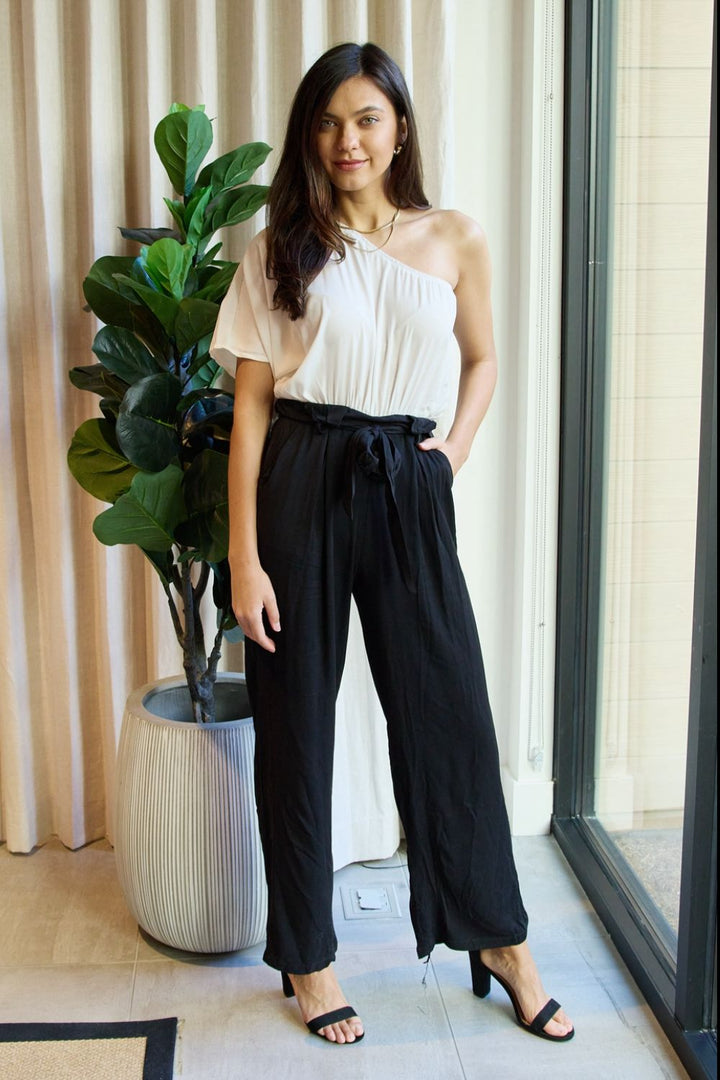 White/Black Dress Day Marvelous In Manhattan One Shoulder Jumpsuit In White Black