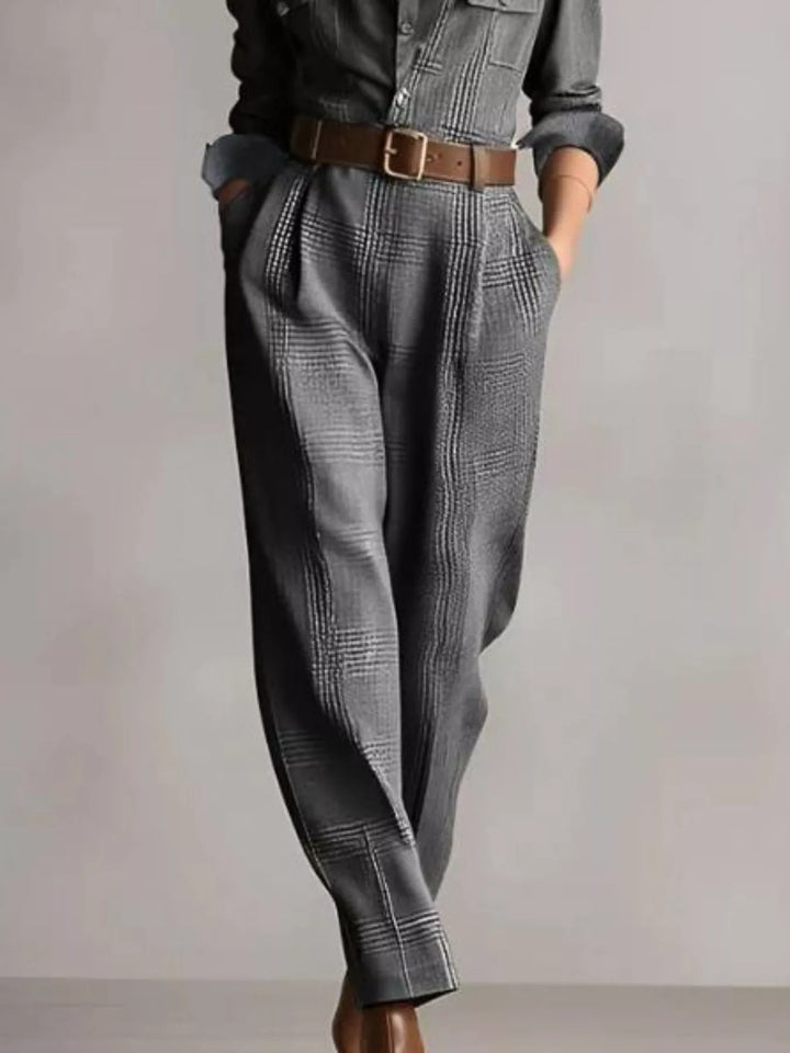 Grid Button Front Long Sleeve Jumpsuit