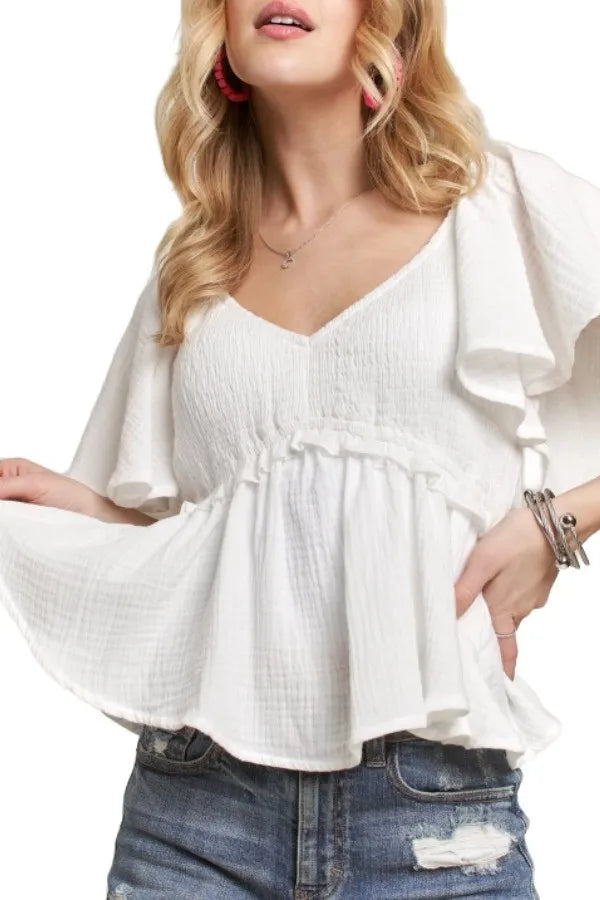 Off White Adora Flare Sleeves Peplum Blouse Top