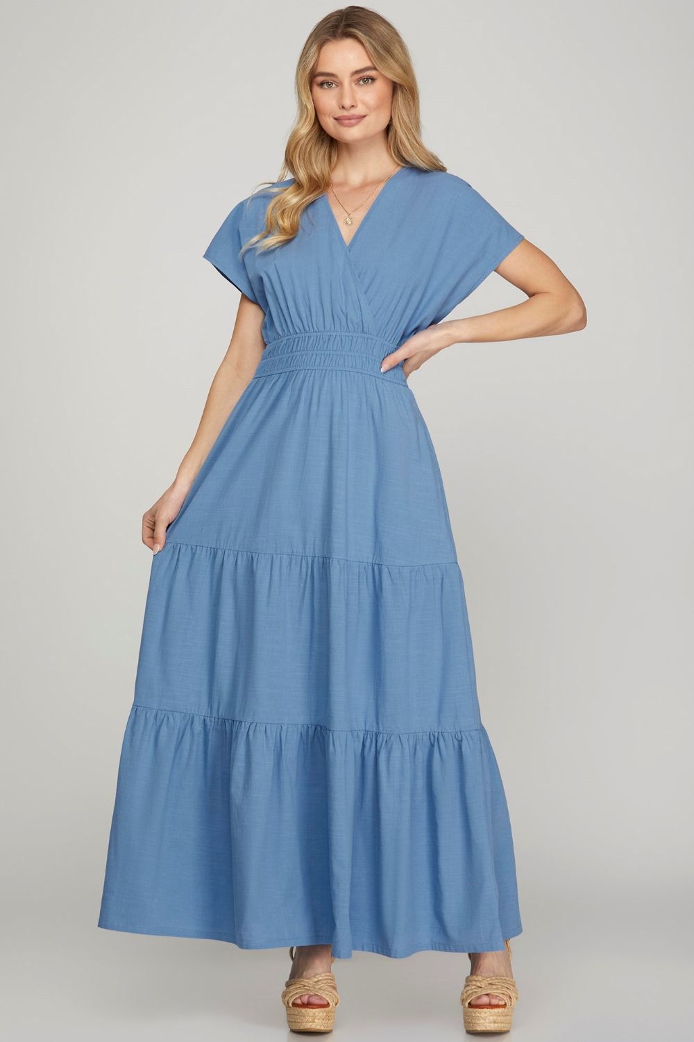 Cerulean She Sky Surplice Short Sleeve Tiered Maxi Dress With Pockets