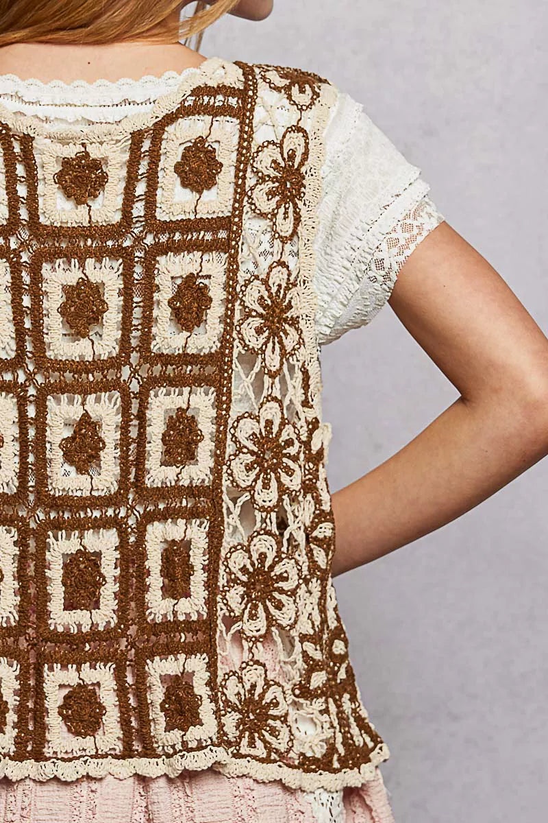 Pol Tie Front Floral Pattern Crochet Vest With Scalloped Edge 1