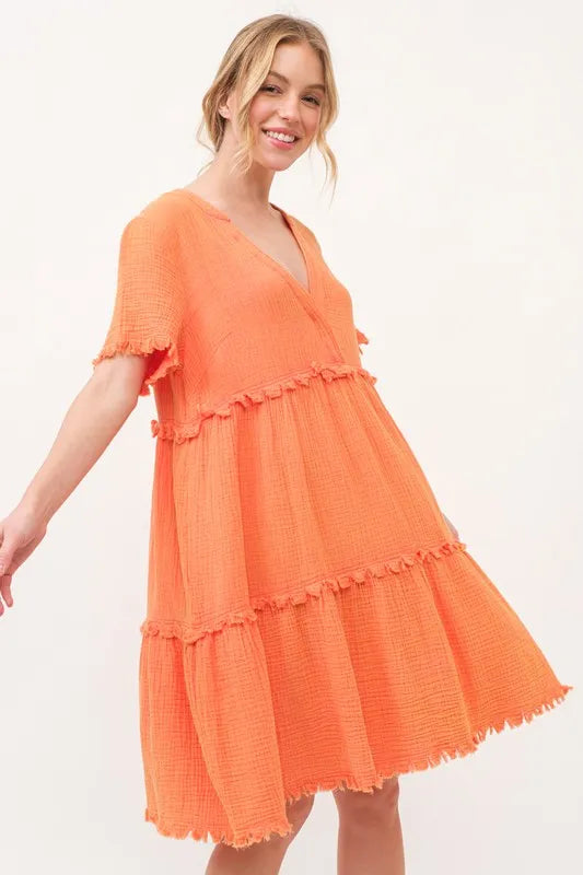 Orange And The Why Washed Frayed Detail Tiered Dress