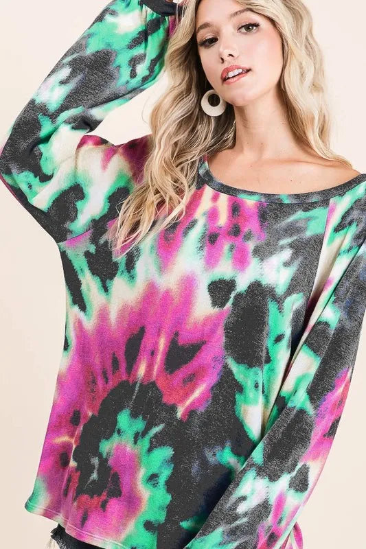 Fuchsia/Charcoal Bibi Tie Dye Print Terry Top With Puff Sleeves