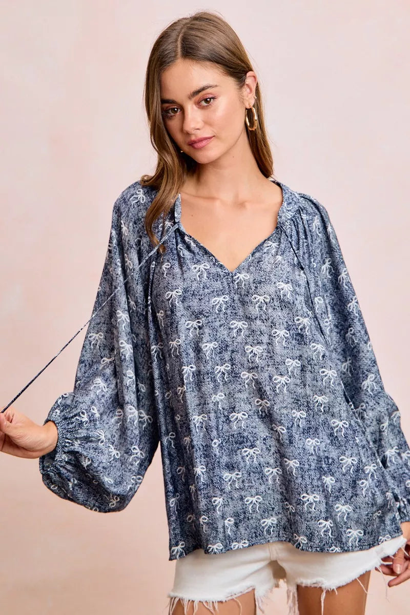 Navy/White Bow Bibi Ribbon Bow Print Exaggerated Balloon Sleeves Top