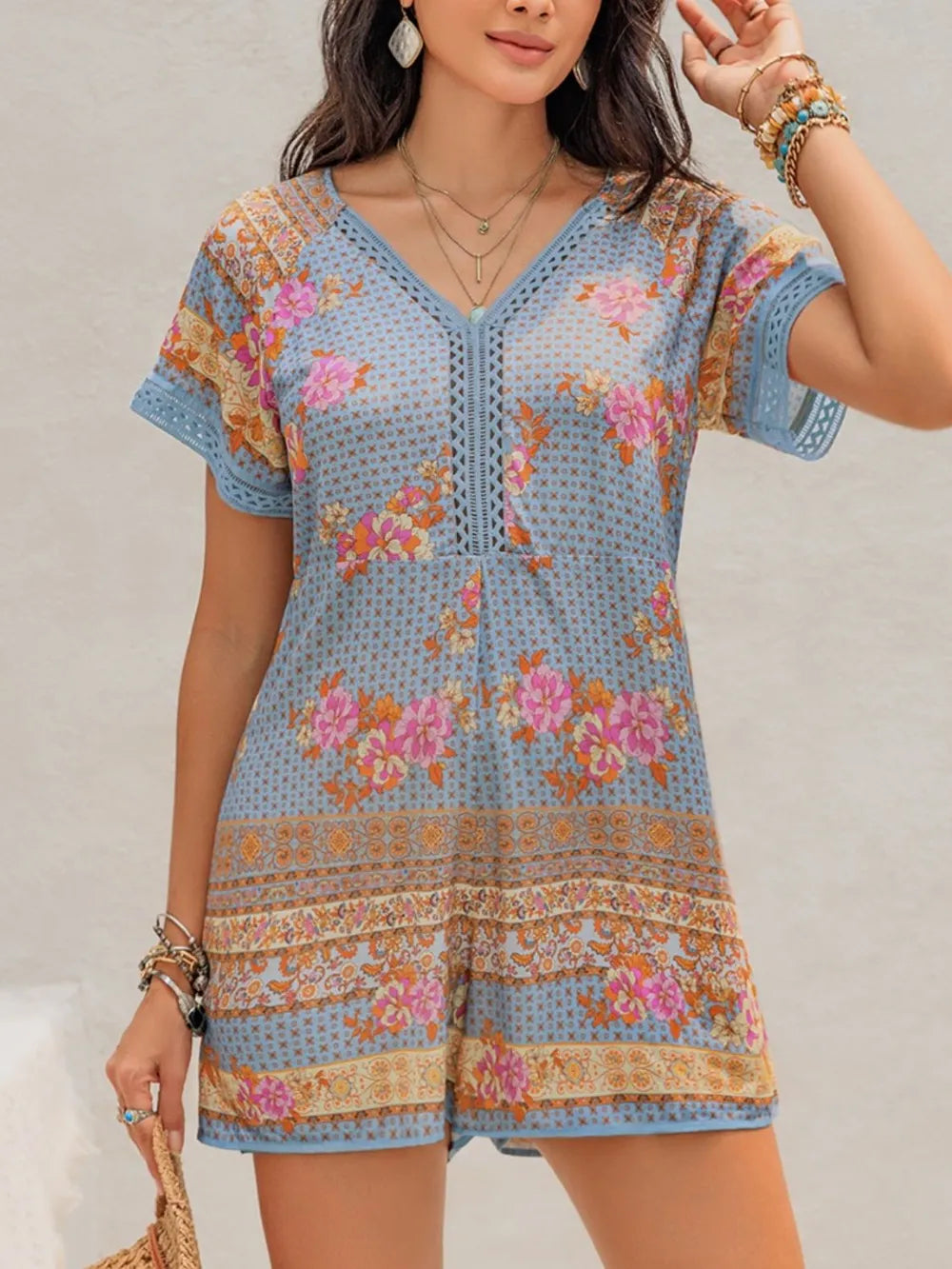 Light Blue Printed V Neck Short Sleeve Romper