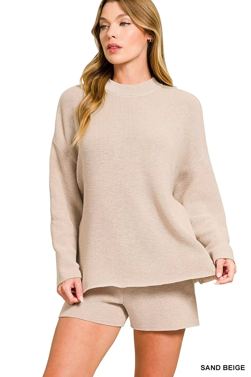 Sand Beige Zenana Round Neck Knit Top And Shorts Sweater Set 1