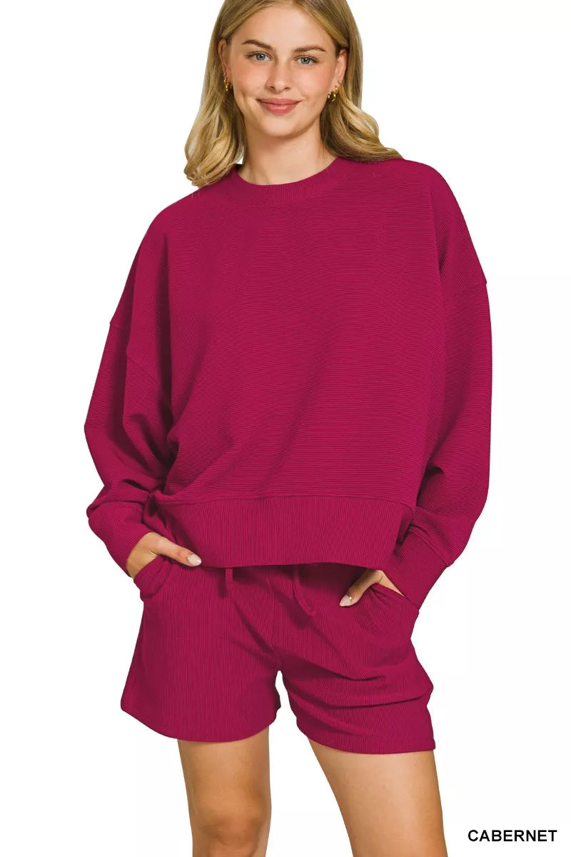 Cabernet Zenana Ribbed Round Neck Pullover And Shorts Set 3