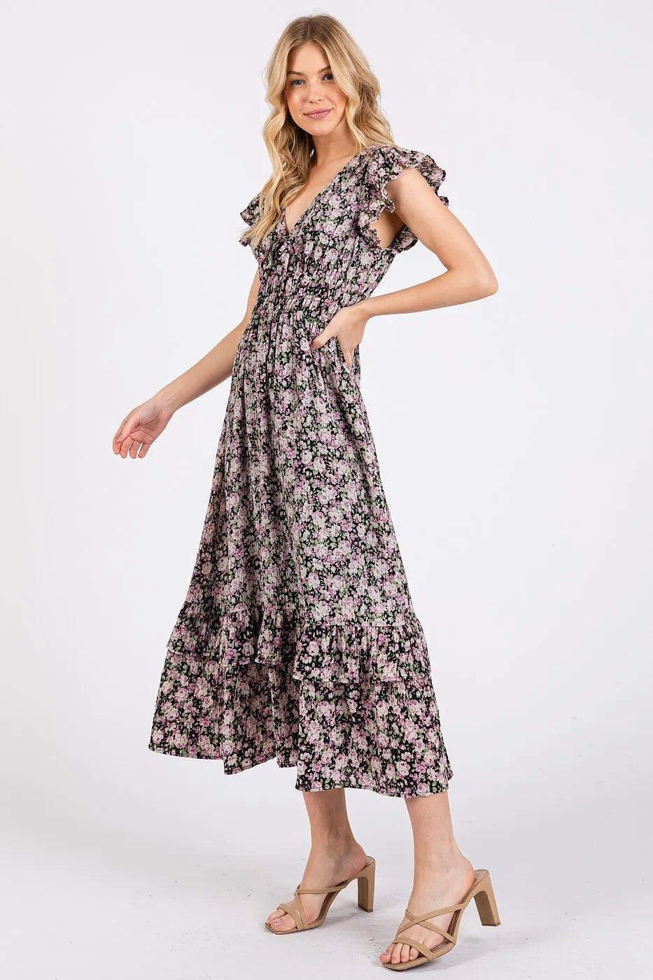 Black Mittoshop Flower Print Ruffle Cap Sleeve V Neck Midi Dress 1