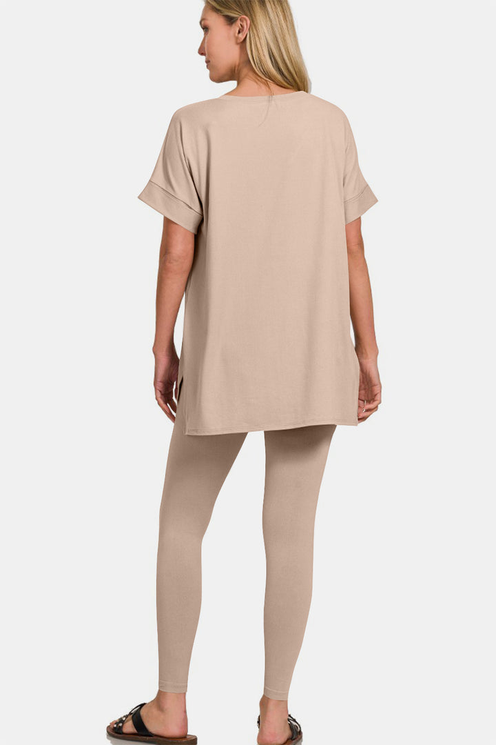 Lt Mocha Zenana Full Size V Neck Rolled Short Sleeve T Shirt And Leggings Lounge Set 1