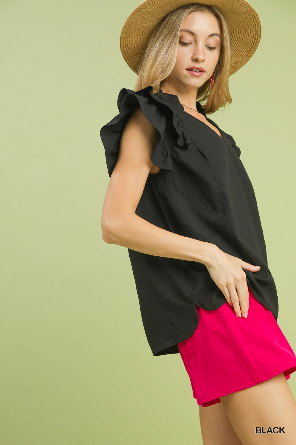 Black Umgee Textured Ruffle Sleeve V Neck Blouse