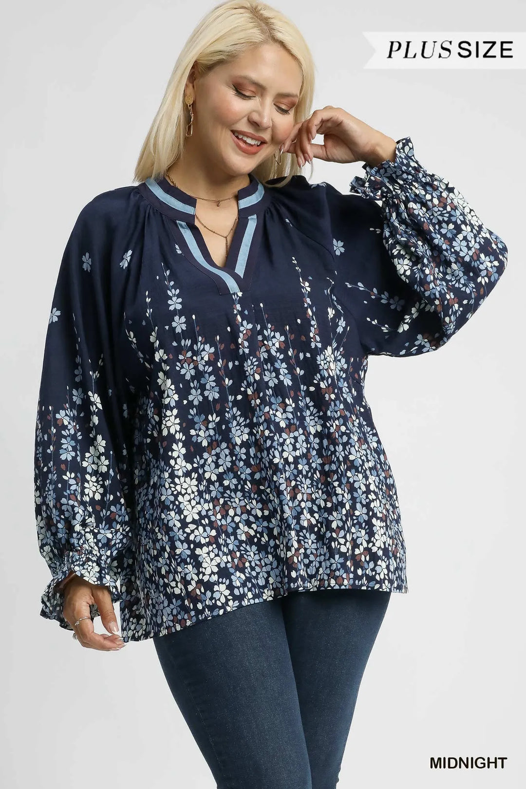 Midnight Umgee Full Size Floral Vine Print Blouse With Balloon Sleeves Plus Size 1
