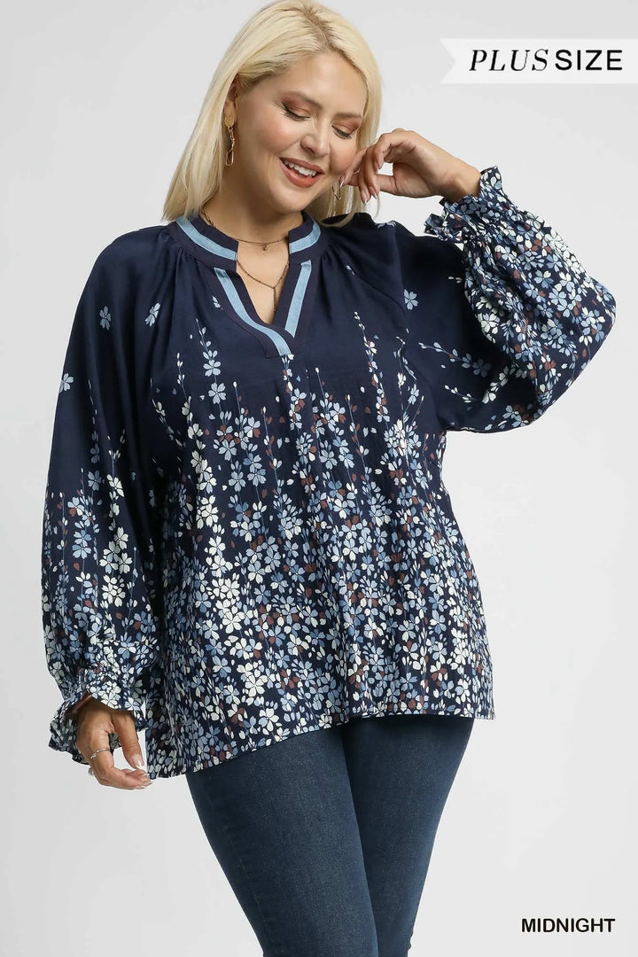 Midnight Umgee Full Size Floral Vine Print Blouse With Balloon Sleeves Plus Size 1