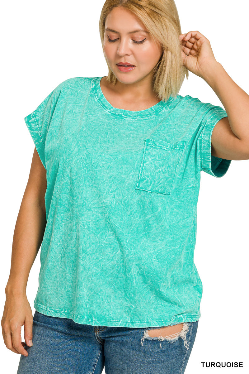Turquoise Zenana Full Size Crinkle Washed Round Neck Folded Short Sleeve Tee Plus Size 6