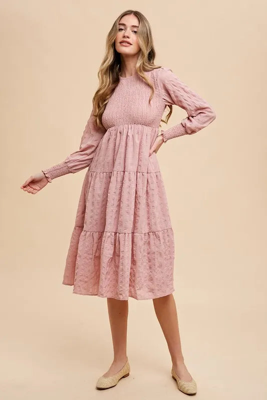 Mauve Annie Wear Textured Smocking Bodice Tiered Midi Dress 1