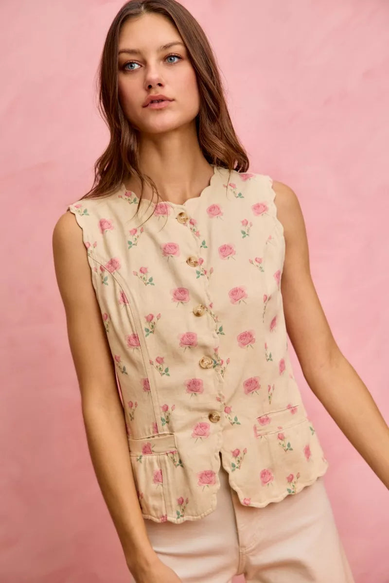 So Me Floral Rose Cotton Twill Scallop Button Vest Top