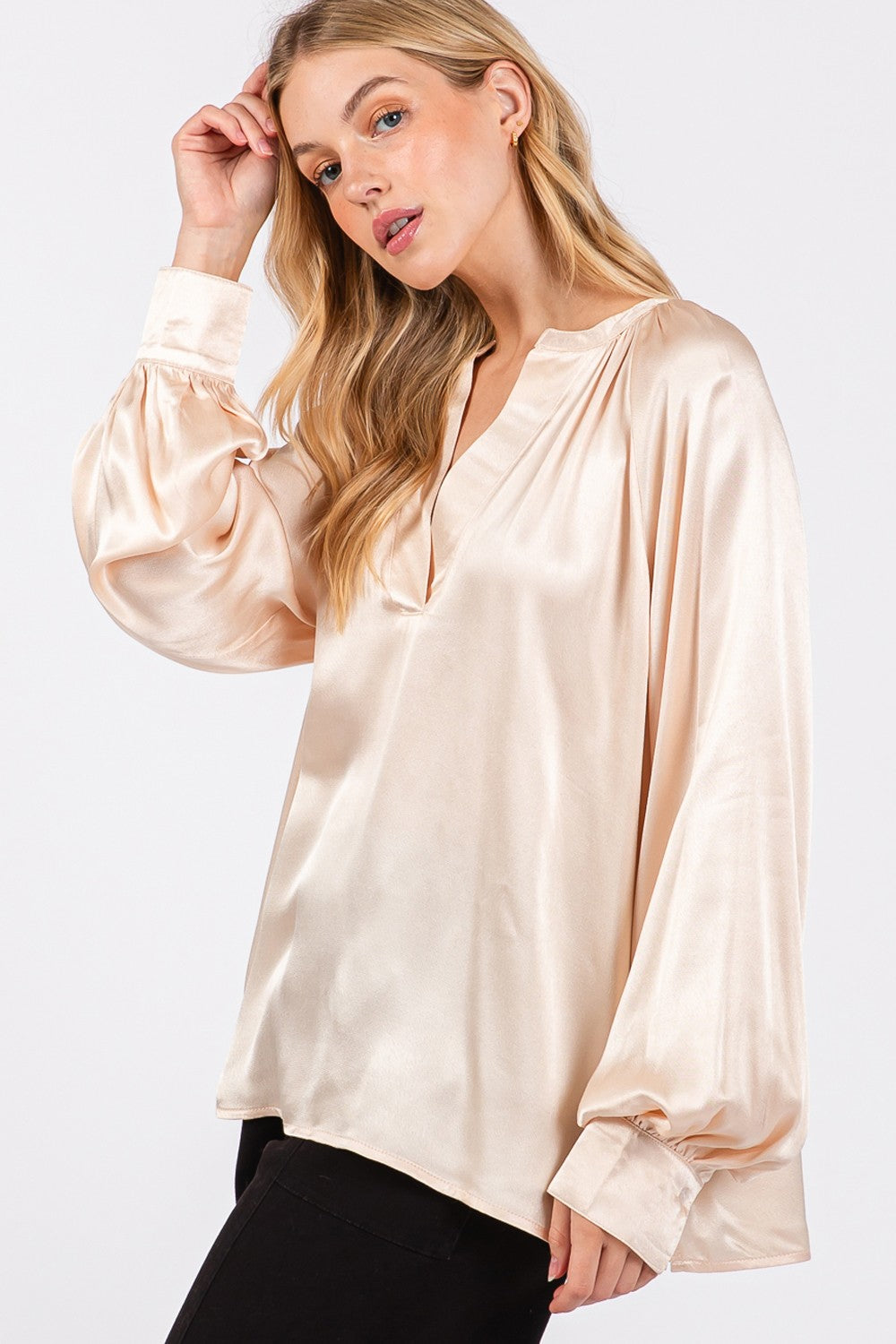 Sage Fig Notched Long Sleeve Blouse