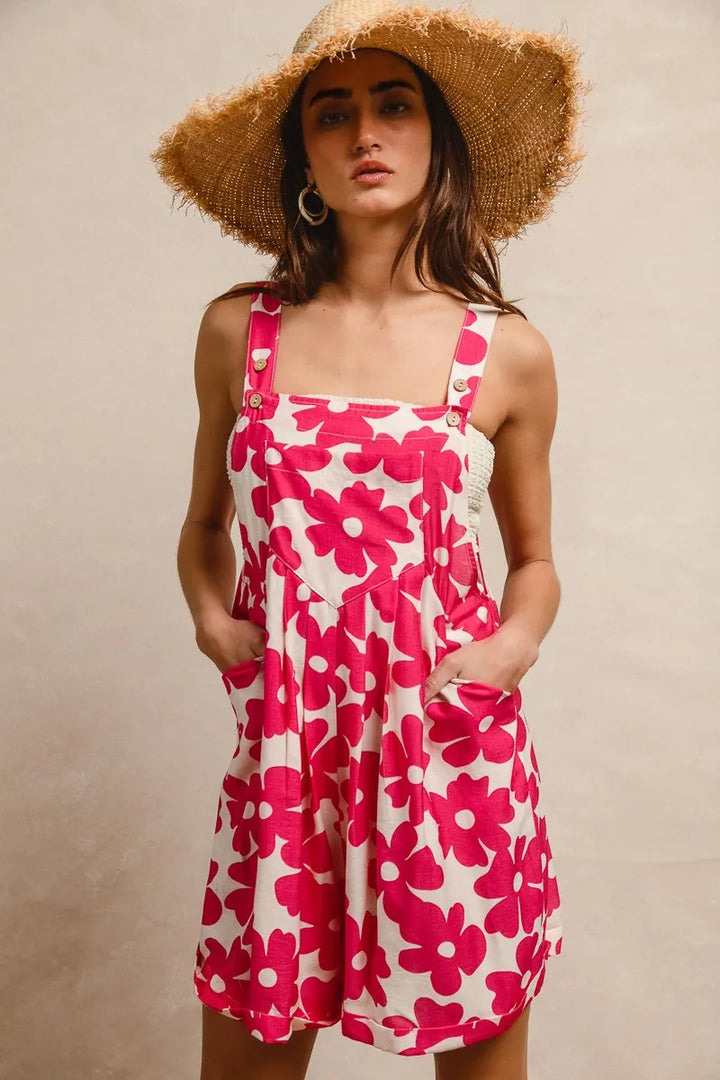 Fuchsia Bibi Floral Prints Tuck Detail Short Overall With Pockets