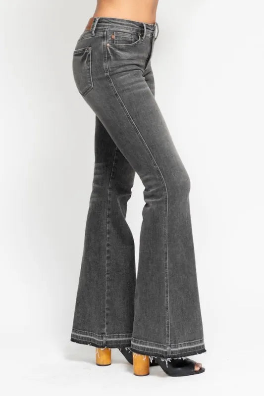 Gry Judy Blue Full Size Mid Rise Tummy Control Washed Gray Release Hem Flare Jeans Plus Size