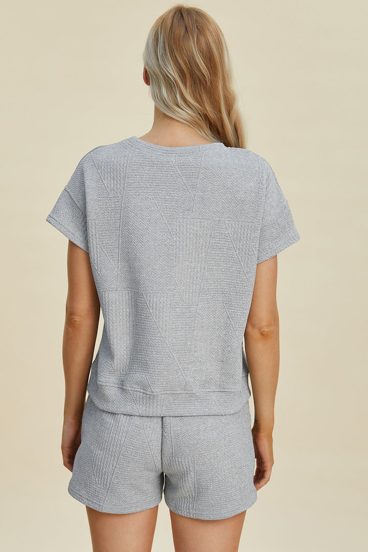 Black Double Take Full Size Texture Short Sleeve Top And Shorts Set