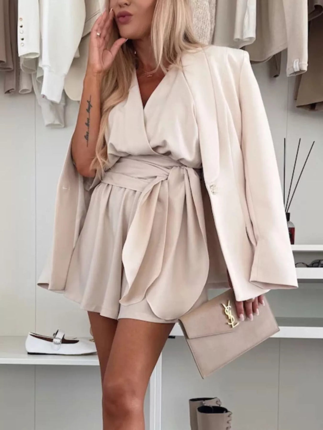 Apricot Full Size Surplice Tie Waist Romper Plus Size