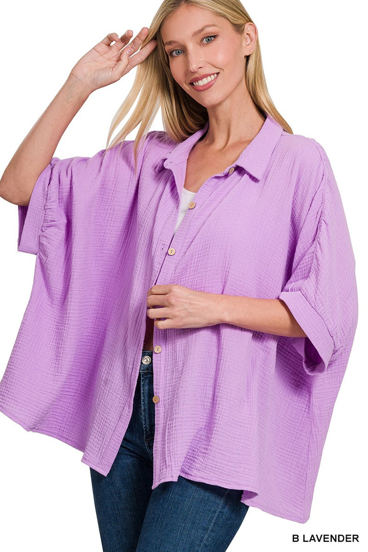 Zenana Double Gauze 3 4 Sleeve Button Up Shirt