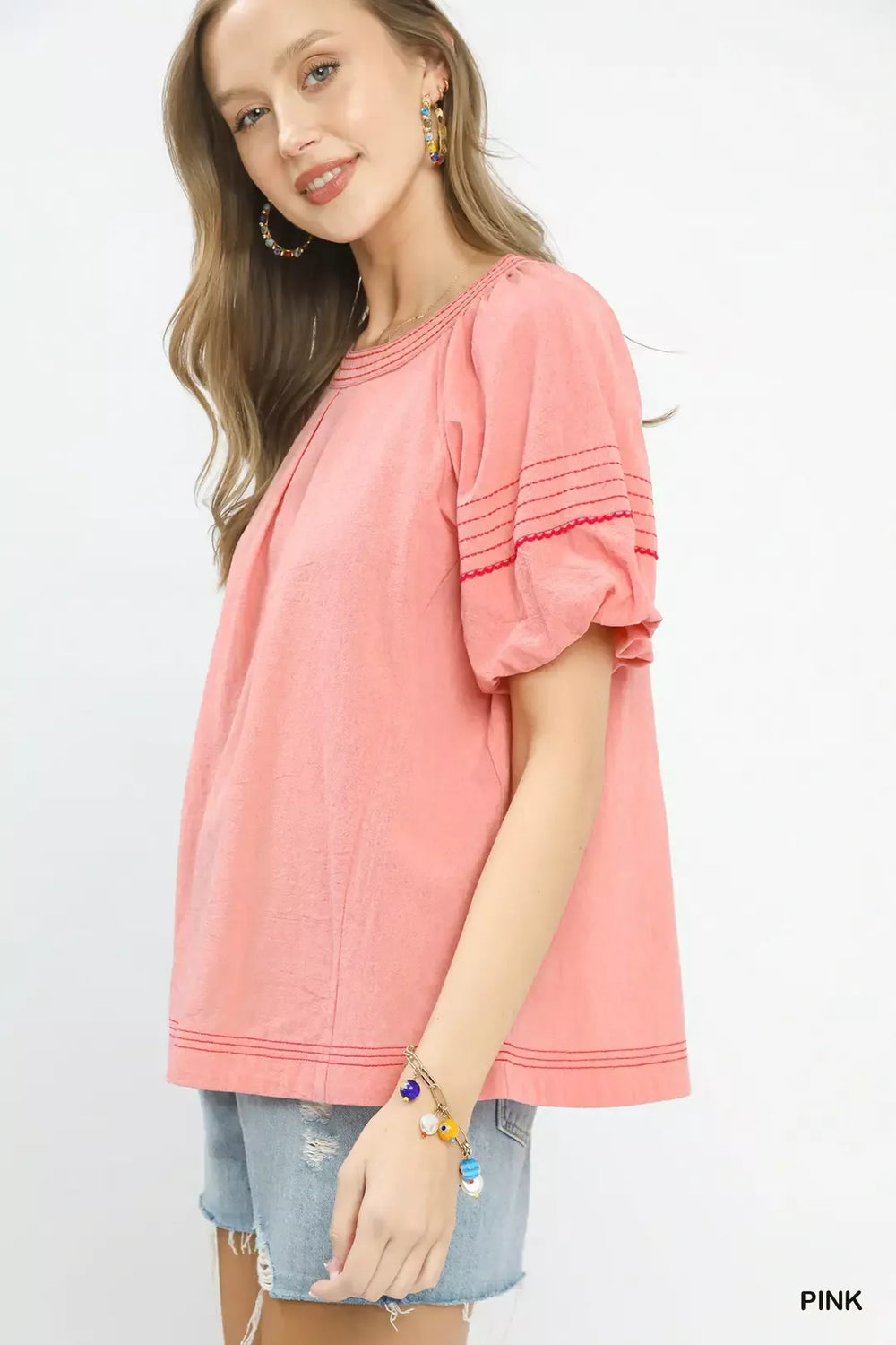 Pink Umgee Round Neck Puff Sleeve Top With Contrast Stitch Detail 2
